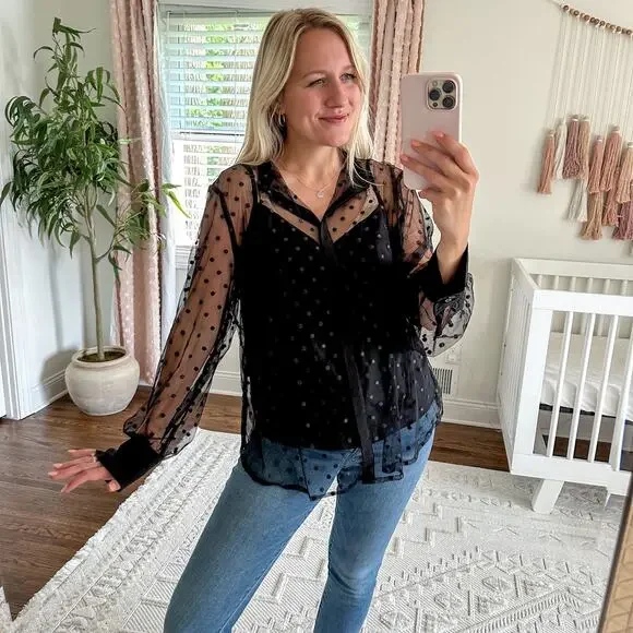 NWT J. Crew Tie-Neck Long Sleeve Top in Dotted Tulle Black 16 $148 - Picture 3 of 12